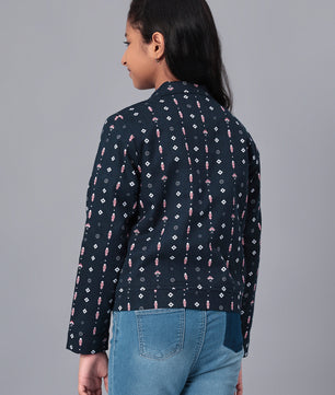 Girls Navy Blue Printed Flannel Jacket