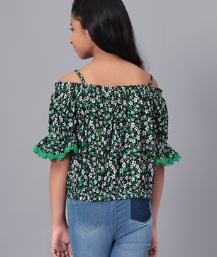 Girls Bardot Top in Green and Black Printed Rayon