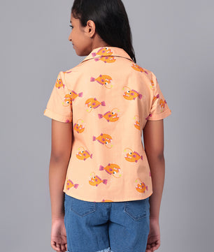 Girls Shirt Style Short Sleeves Printed Cotton Top