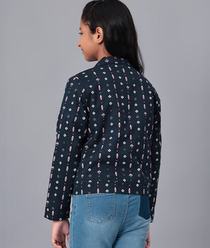 Girls Navy Blue Printed Flannel Jacket