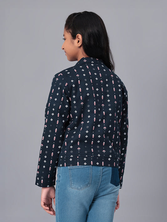Girls Navy Blue Printed Flannel Jacket