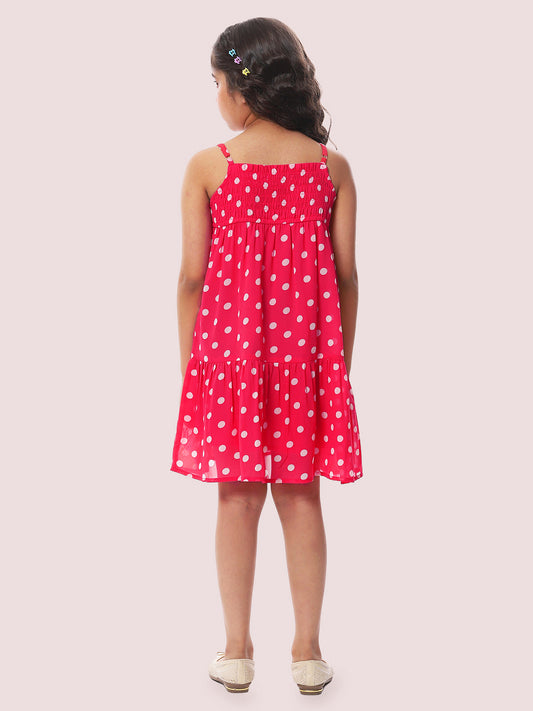 Girls Pink Polka Dotted Tiered Dress