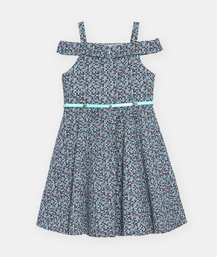 Girls Cold Shoulder Printed Cotton Satin Dress