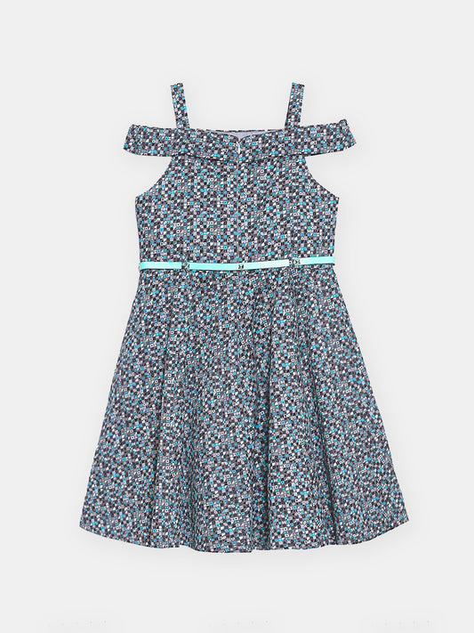 Girls Cold Shoulder Printed Cotton Satin Dress