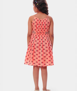 Girls Printed Cotton Dress in Peach Color