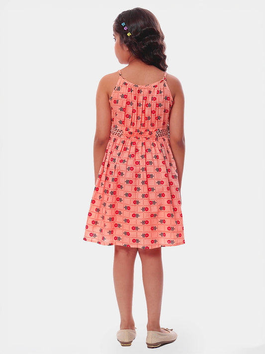 Girls Printed Cotton Dress in Peach Color