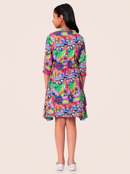 Girls Multicolored Printed Rayon Dress