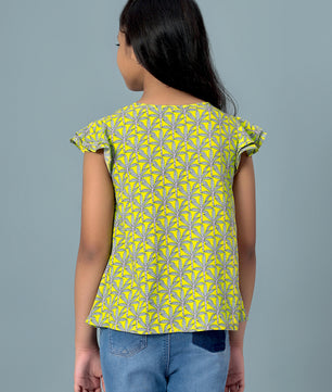 Girls Lemon Yellow Printed Cotton Top
