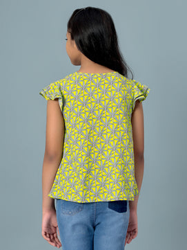 Girls Lemon Yellow Printed Cotton Top