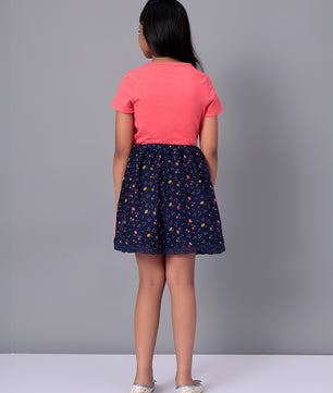 Girls Blue Printed Flared Skirt