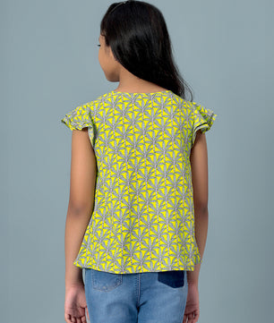 Girls Lemon Yellow Printed Cotton Top