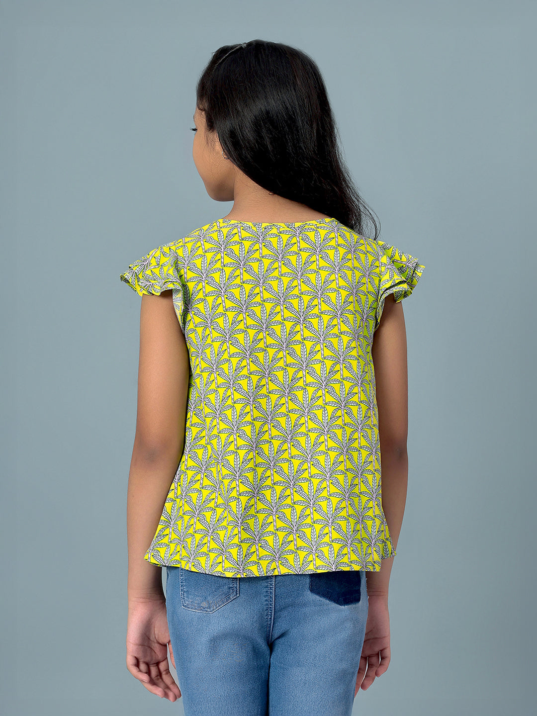 Girls Lemon Yellow Printed Cotton Top
