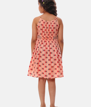 Girls Printed Cotton Dress in Peach Color