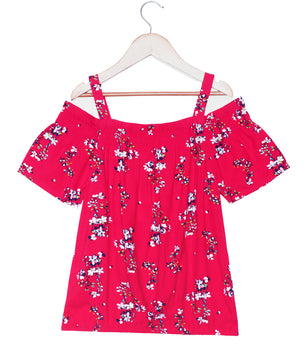 Girls Cold Shoulder Top in Red Printed Rayon