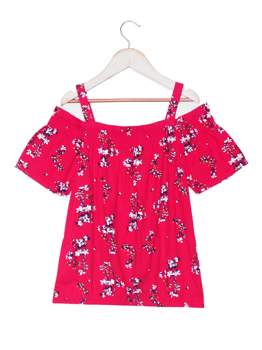 Girls Cold Shoulder Top in Red Printed Rayon