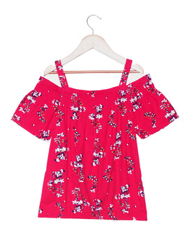 Girls Cold Shoulder Top in Red Printed Rayon