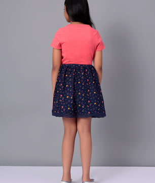 Girls Blue Printed Flared Skirt