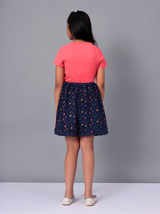 Girls Blue Printed Flared Skirt