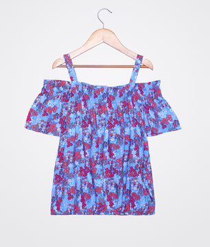 Girls Cold Shoulder Top in Blue Printed Rayon