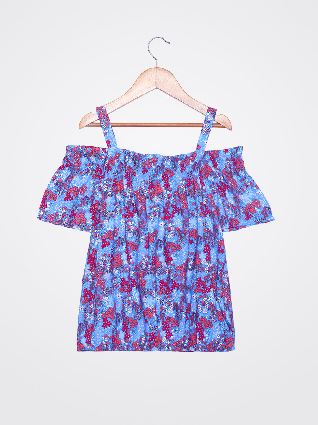 Girls Cold Shoulder Top in Blue Printed Rayon