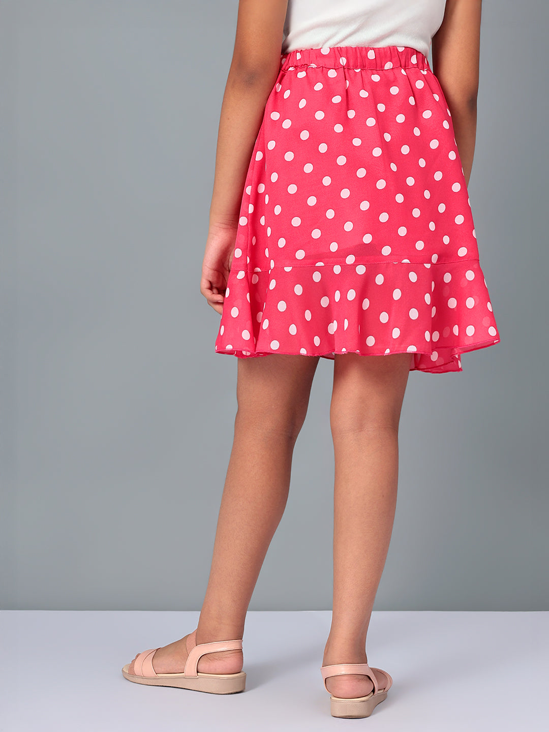 Girls Pink Polka Dotted Georgette Skirt