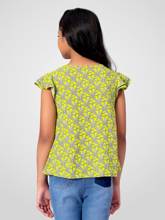 Girls Lemon Yellow Printed Cotton Top