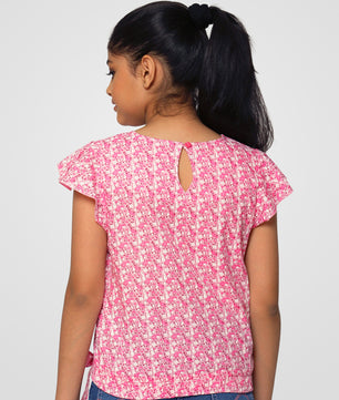 Girls Pink Printed Cotton Top