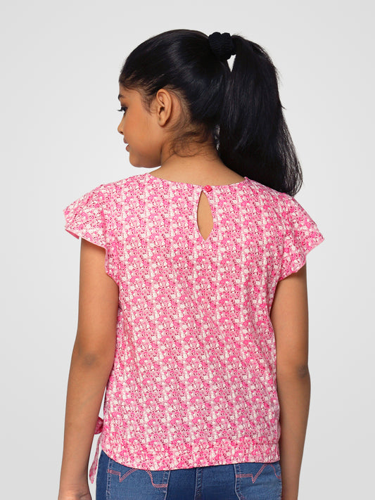 Girls Pink Printed Cotton Top