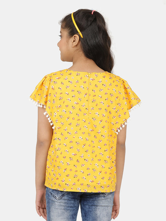 Girls Yellow Printed Cotton Top