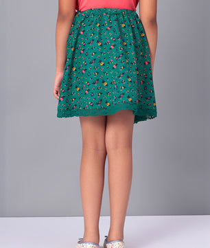 Girls Green Printed Flared Skirt