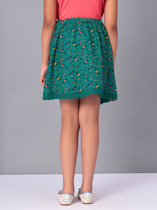 Girls Green Printed Flared Skirt