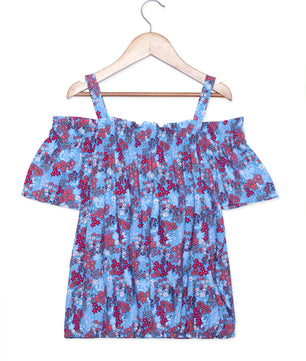 Girls Cold Shoulcer Top in Blue Printed Rayon