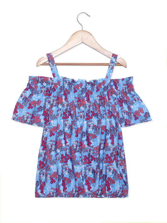 Girls Cold Shoulcer Top in Blue Printed Rayon