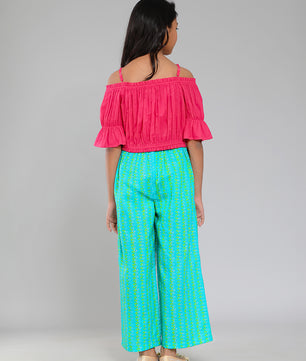 Girls Pink and Green Cotton Top & Palazzo Set