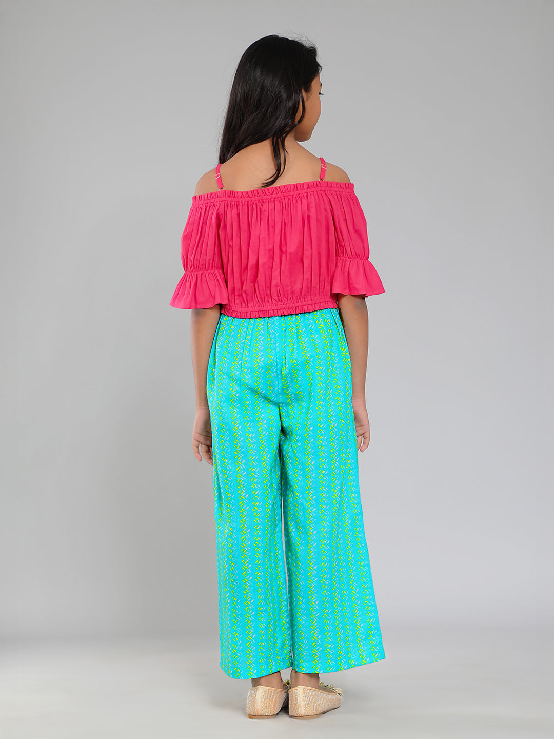 Girls Pink and Green Cotton Top & Palazzo Set