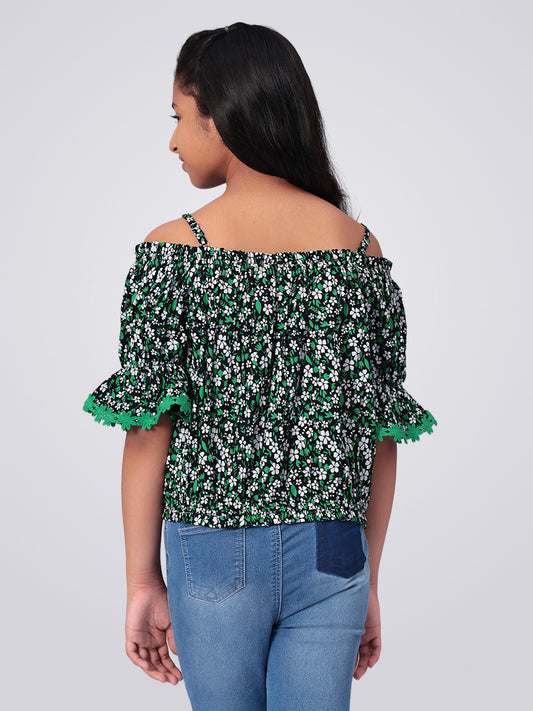 Girls Bardot Top in Green and Black Printed Rayon