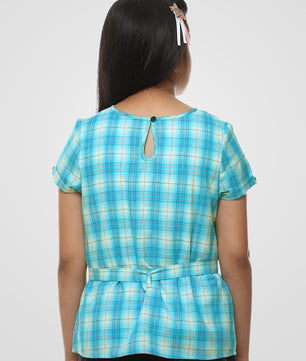 Girls Turquoise Blue Checked Cotton Top
