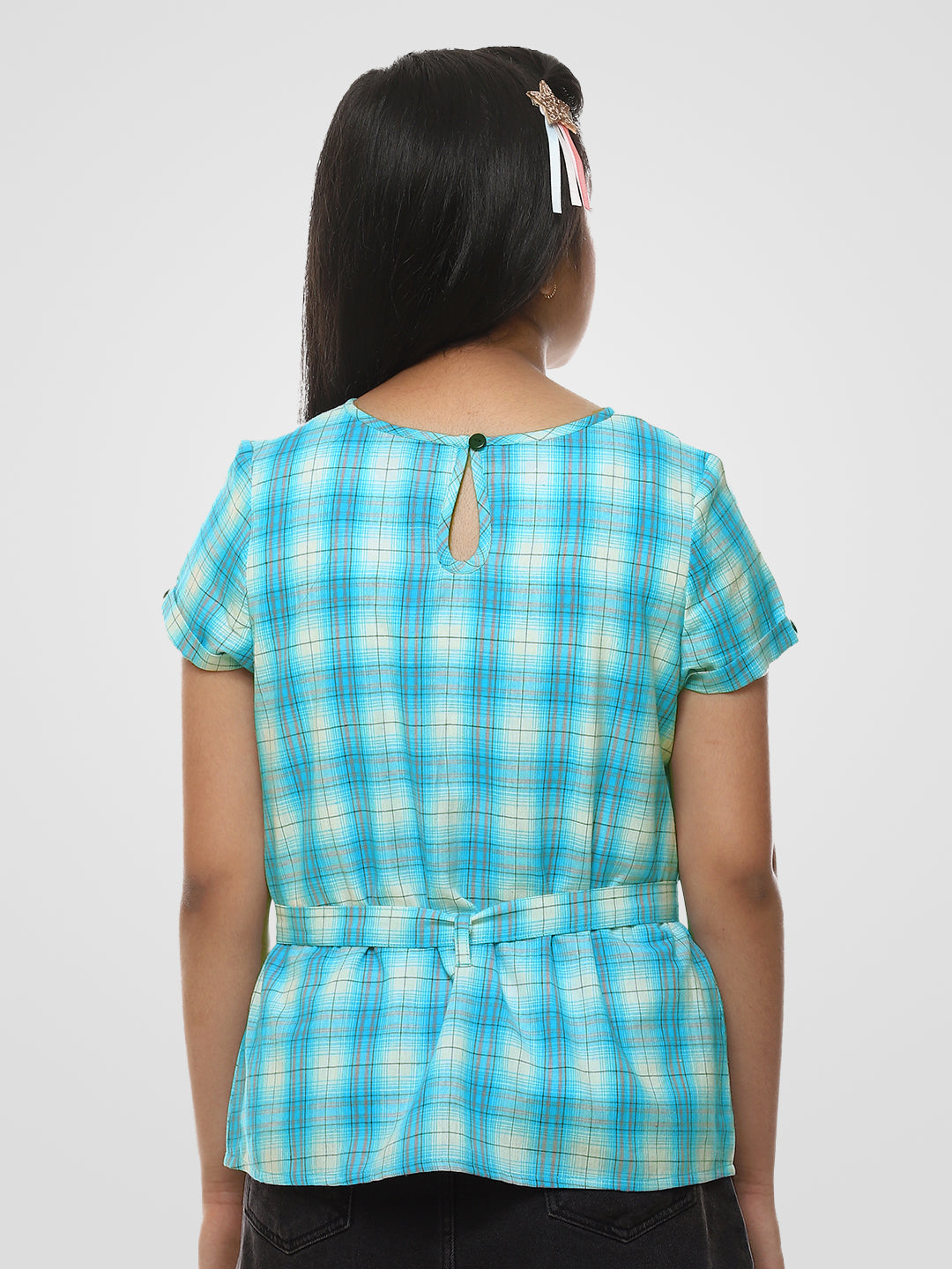 Girls Turquoise Blue Checked Cotton Top