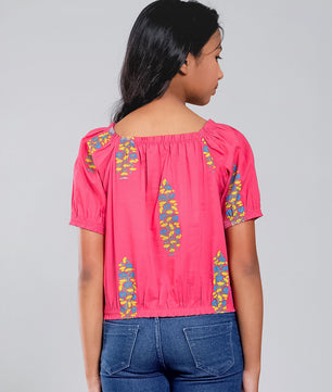Girls Pink Printed Cotton Top