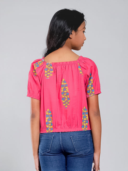 Girls Pink Printed Cotton Top