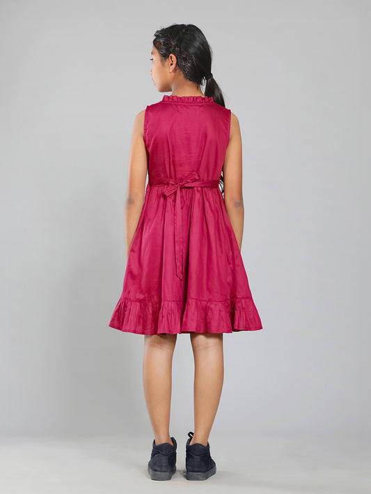 Girls Cotton Satin Dress in Wine Color