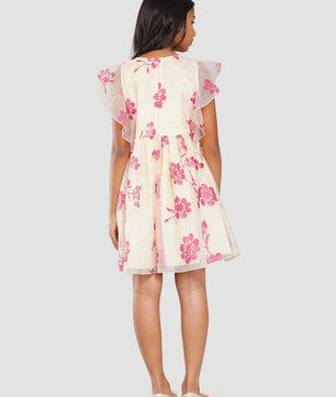 Girls Beige and Magenta Glitter Dress with Ruffles