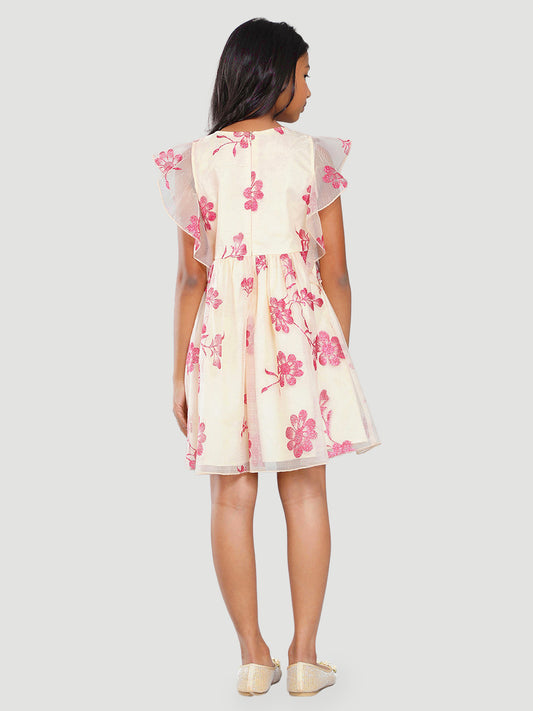 Girls Beige and Magenta Glitter Dress with Ruffles