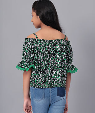 Girls Bardot Top in Green and Black Printed Rayon