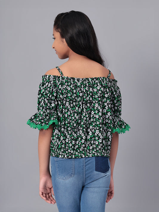 Girls Bardot Top in Green and Black Printed Rayon