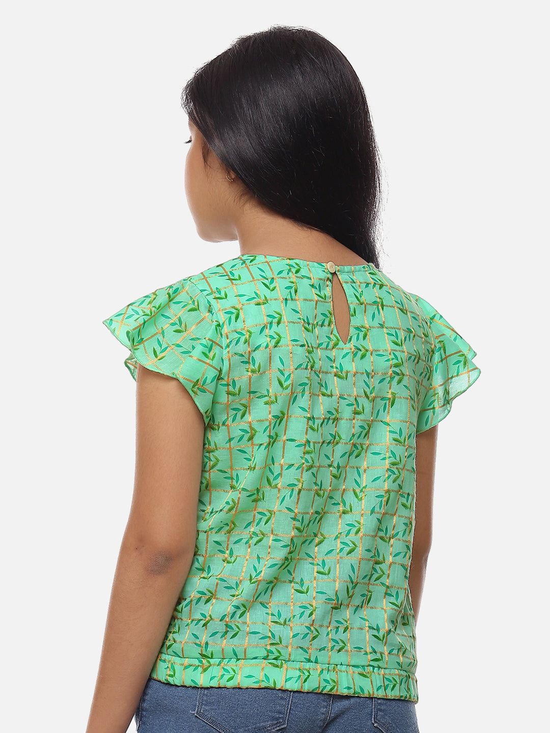 Girls Sea Green Printed Cotton
