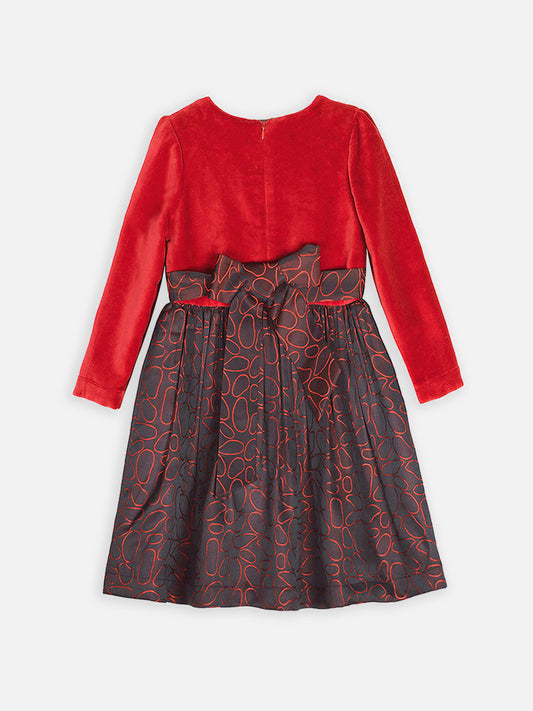 Girls Red Velvet Long Sleeves Dress