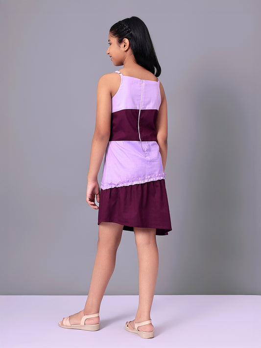 Girls Color Blocked Dress in Glazed Cotton