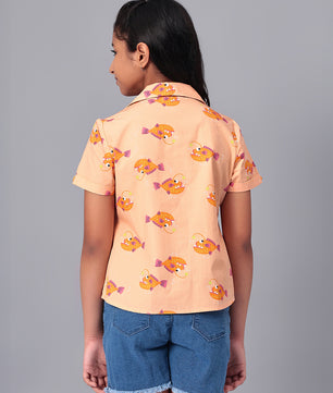 Girls Shirt Style Short Sleeves Printed Cotton Top