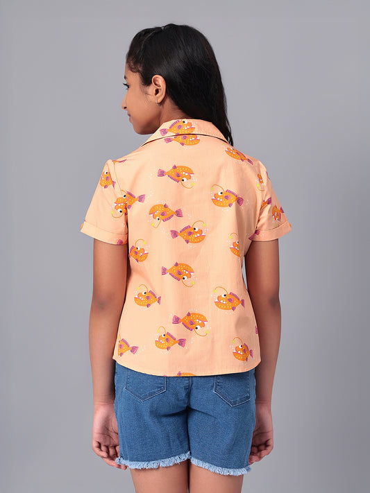 Girls Shirt Style Short Sleeves Printed Cotton Top